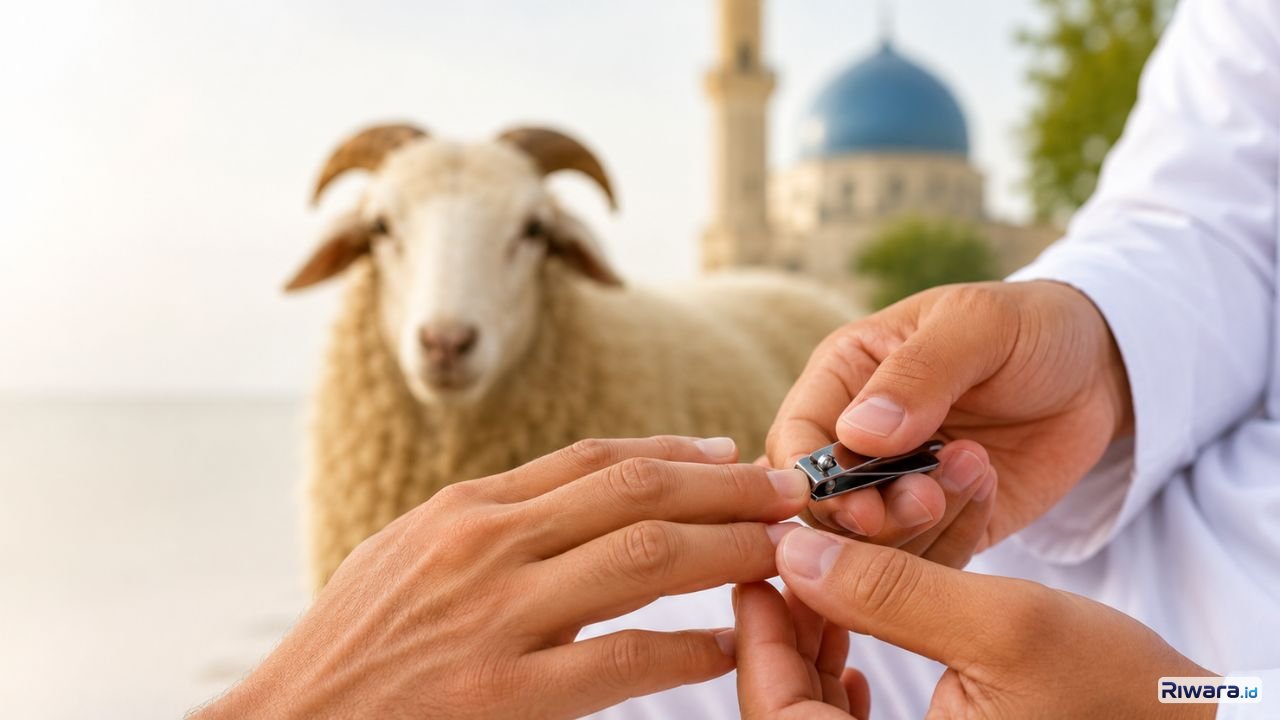 Ilustrasi seorang Muslim memotong kuku menjelang Idul Adha dengan latar hewan kurban dan masjid Dalam Islam orang yang berniat berkurban dianjurkan tidak memotong kuku dan rambut sejak awal Dzulhijjah